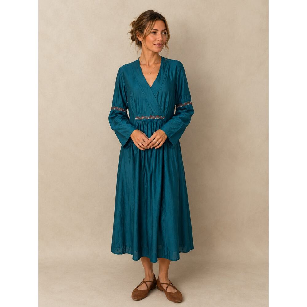 April Cornell Sz M A-Line Dress Green Cotton Embroidered Boho Romantic Cottage